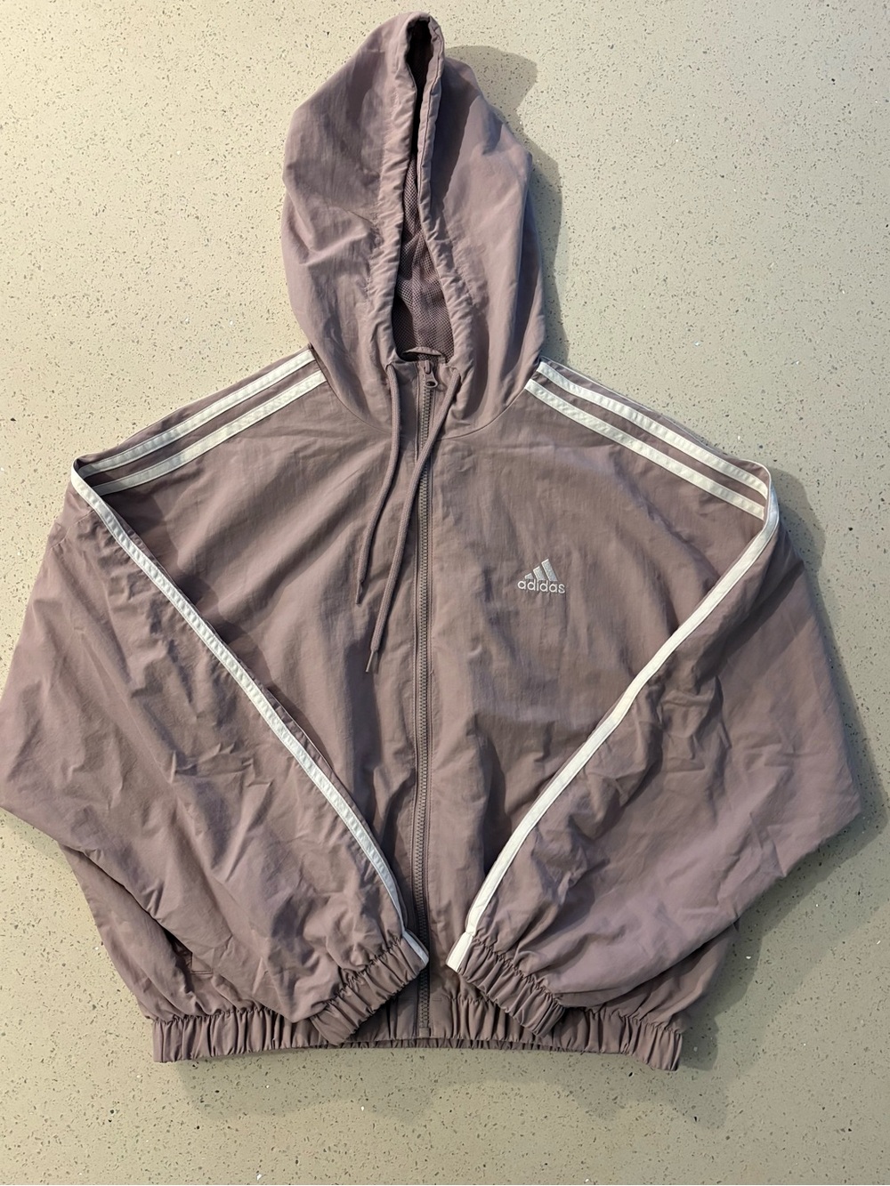 adidas Women’s Hooded Cropped Athletic Jacket Bomber in Mauve with White Stripes